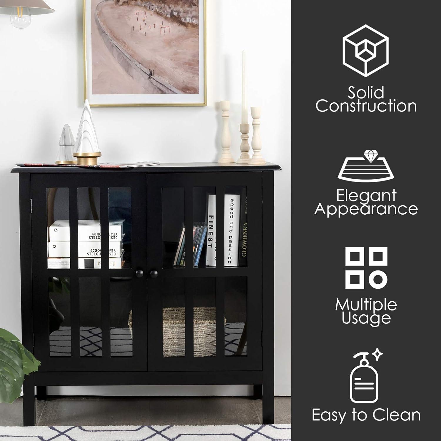Tangkula Sideboard Buffet Storage Cabinet, with 2 Glass Doors, Liquor Curio Cabinet for Home Kitchen Dining Room, Cupboard Console Table (Black)