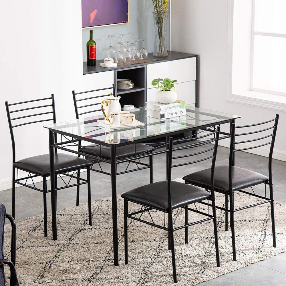 Modern Black Metal and Glass 5-Piece Dining Set