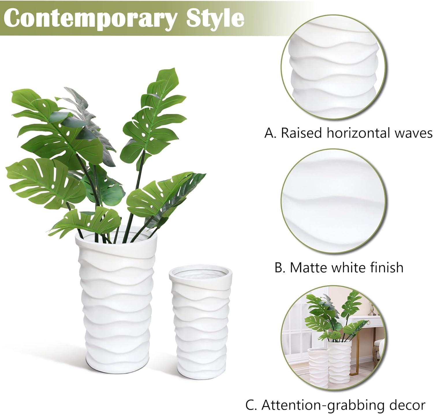 LuxenHome Planters for Outdoor Plants, Set of 2 Garden Plant Pots Indoor Outdoor, MgO Planting Flower Large Pot Planters, White Balcony Tall Planter