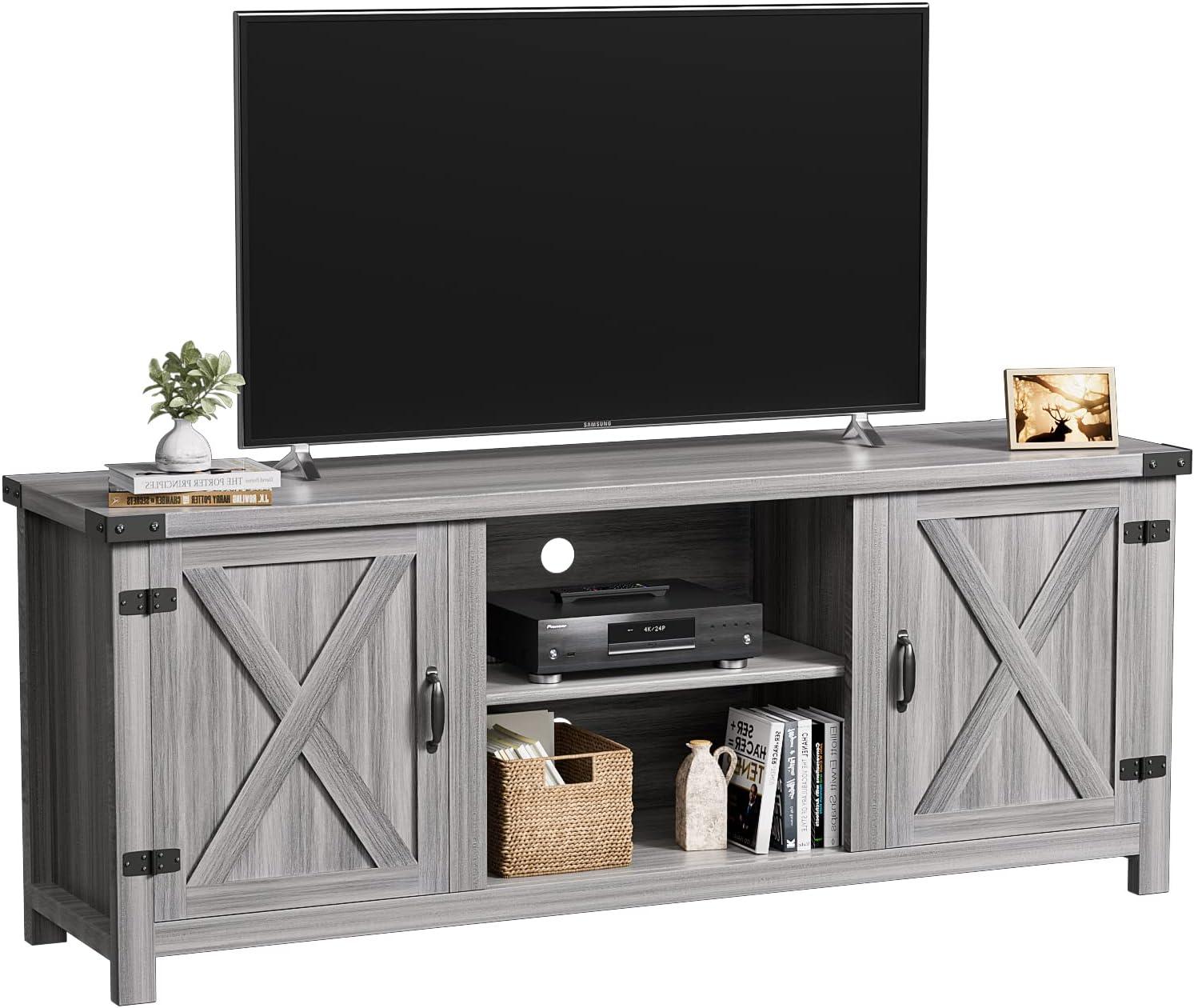 Gray Wash Barn Door TV Stand with Storage Cabinets