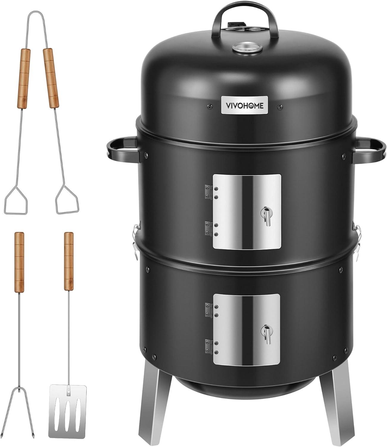 3-in-1 Vertical Charcoal Grill, Outdoor BBQ Charcoal Smoker with Built-in Thermometer, Air Vent, and 2 Access Doors, Perfect for Camping, Picnics, Backyard BBQs, and Tailgating Parties