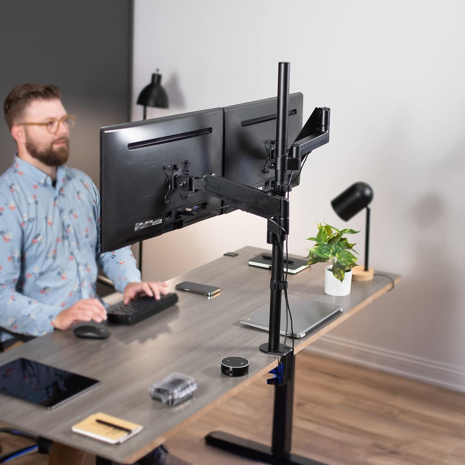 Extra Tall Dual Monitor Black Steel Desk Mount with Pneumatic Spring