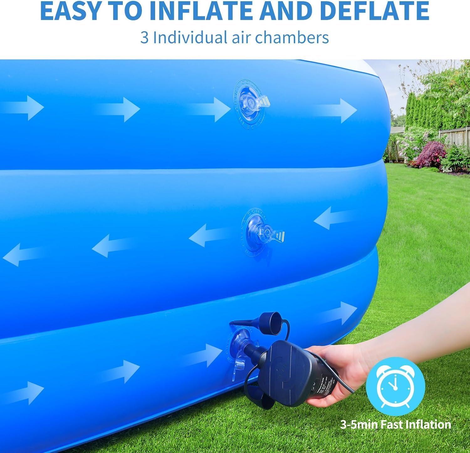 Large Blue and White Inflatable Family Pool with Pump