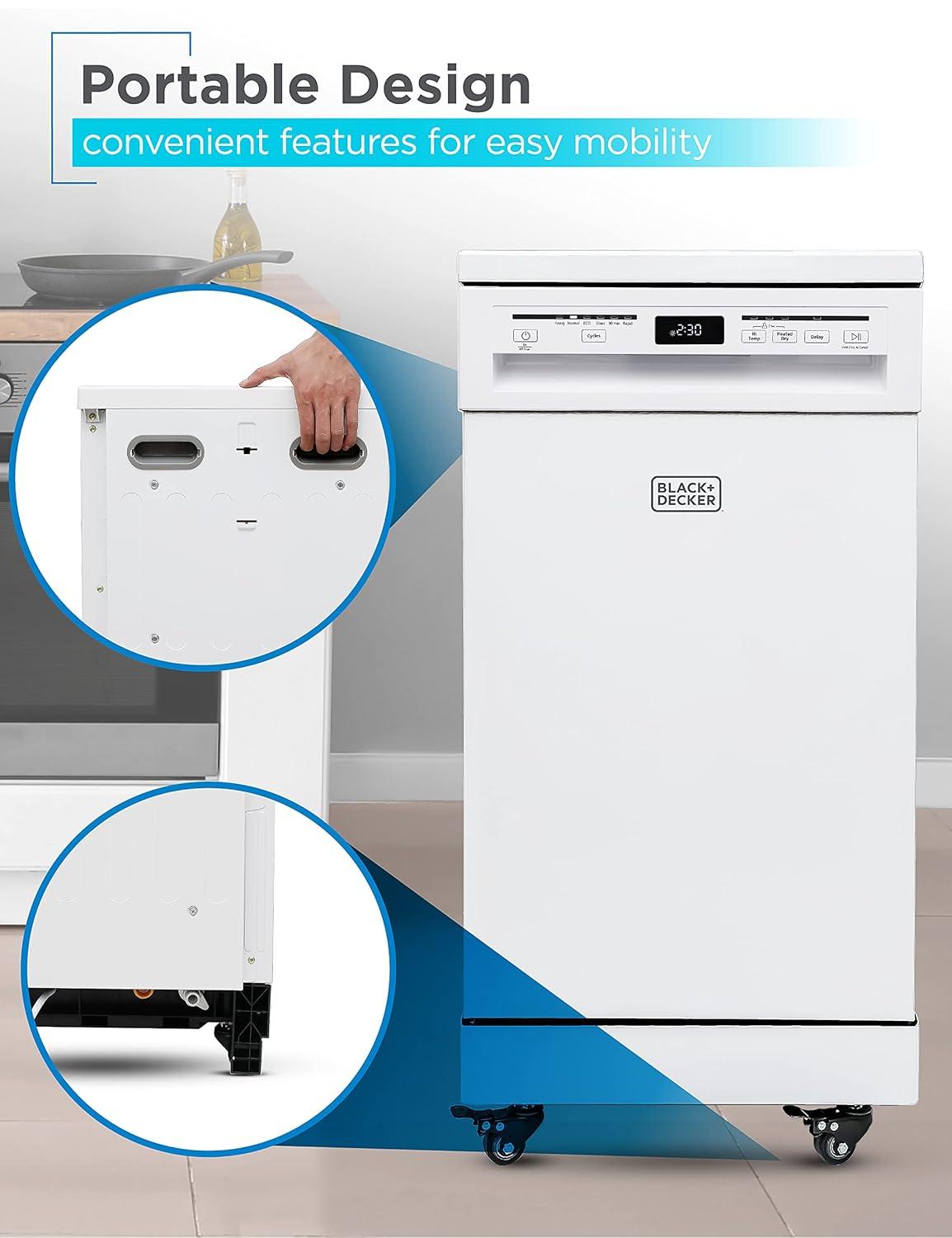 White Compact Portable Dishwasher with Stainless Steel Tub and Casters