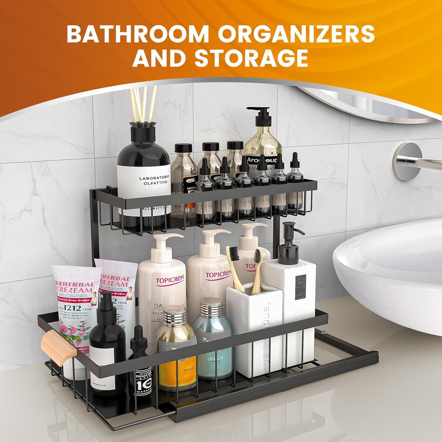 Under Sink Organizers and Storage, 2 Pack Pull Out Kitchen Bathroom Cabinet Organizer, 2 Tier Black Under Sink Storage for Bathroom Kitchen, Under Counter Storage Organizer with 8 Hooks