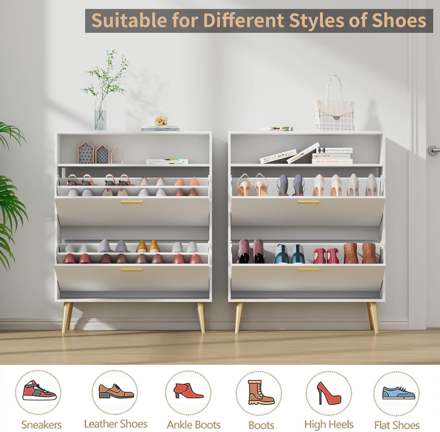Shoe Cabinet Storage for Entryway  Freestanding Slim Shoe Organizer Cabinet with 2 Flip Drawers  Narrow Shoe Rack with Open Shelves for Hallway  Living Room  White