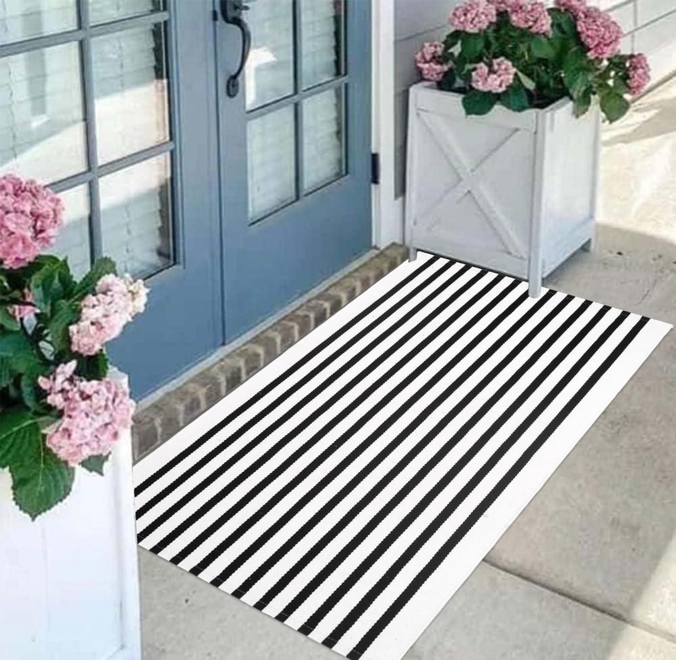 Black and White Striped Hand-Woven Outdoor Rug 24'' x 51''