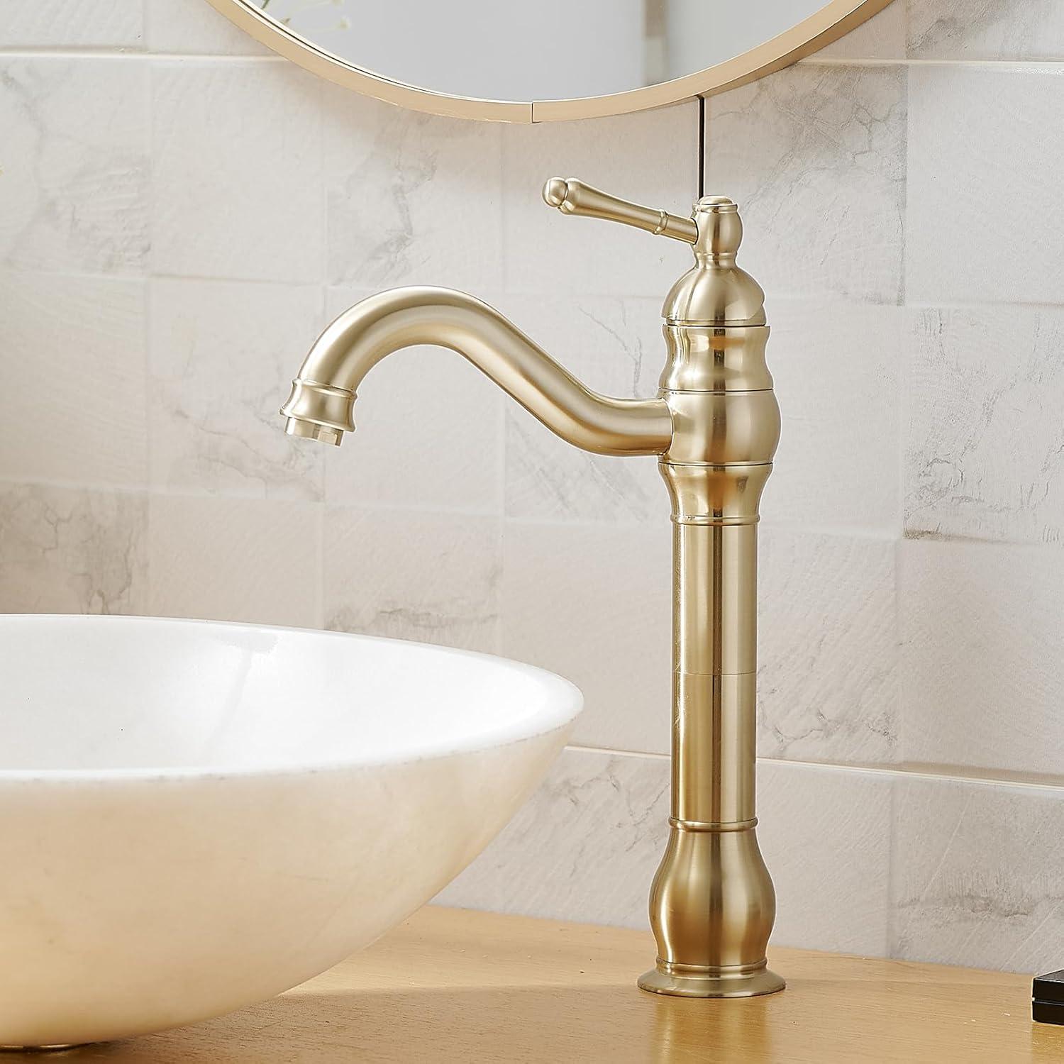 Bathroom Faucet GGStudy 360° Swivel Single-Handle One Hole Bathroom Vessel Sink Faucet Matching Pop Up Drain Brushed Gold Farmhouse Bathroom Vanity Faucet