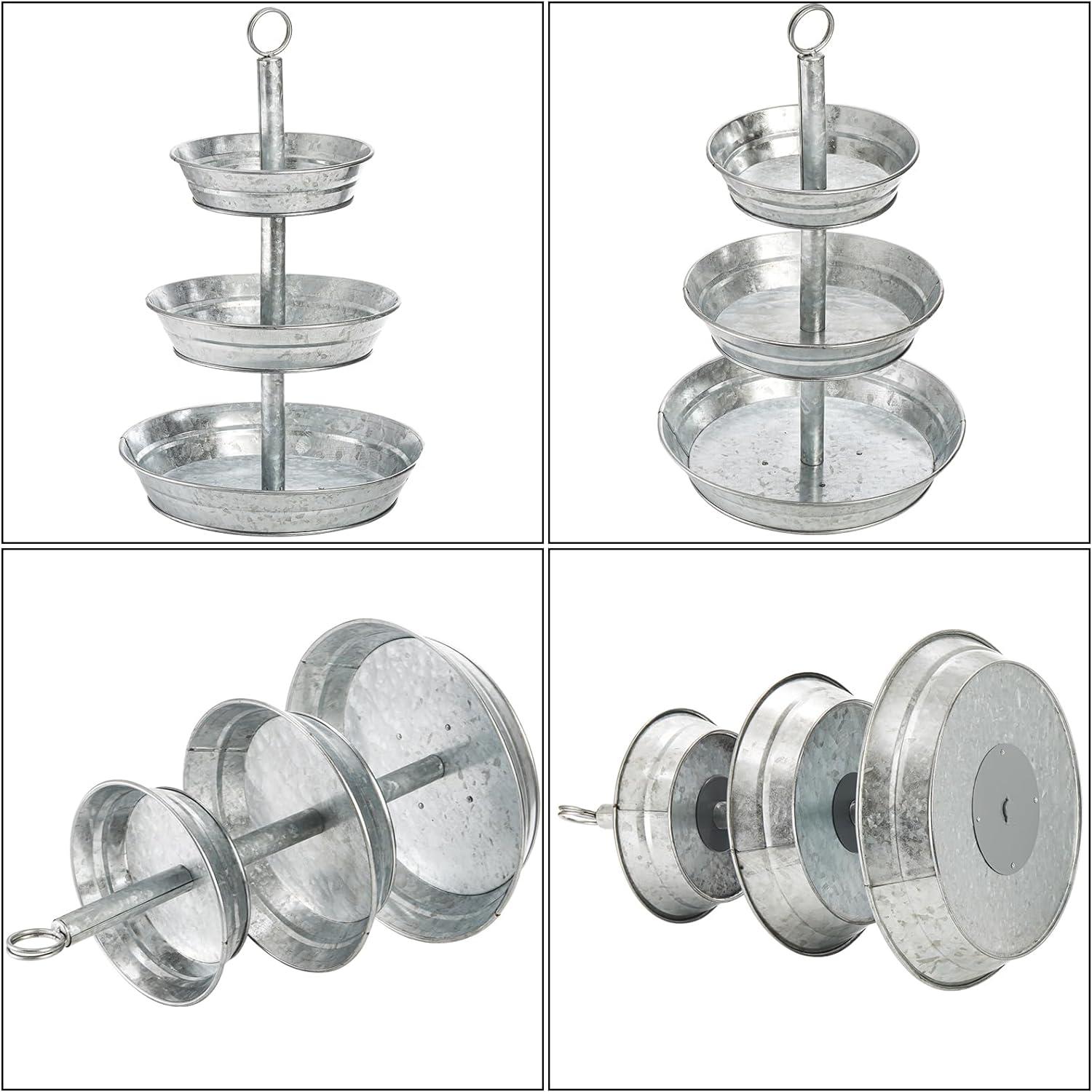 3 Tier Serving Tray - Galvanized, Rustic Metal Stand. Dessert, Cupcake, Fruit & Party Three Tiered Platter. Country Farmhouse Vintage Decor for The Kitchen, Home, Farm & Outdoor by Hallops