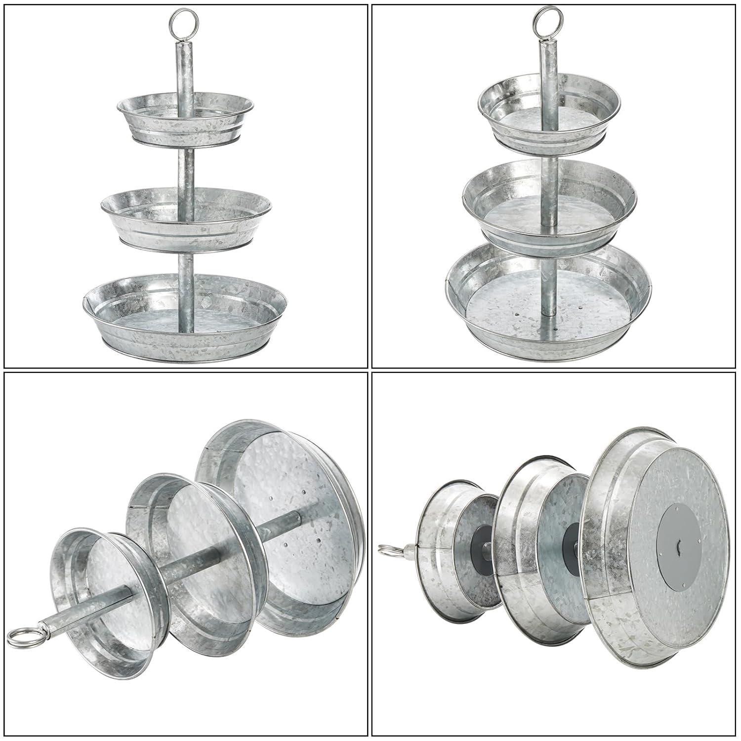 3 Tier Serving Tray - Galvanized, Rustic Metal Stand. Dessert, Cupcake, Fruit & Party Three Tiered Platter. Country Farmhouse Vintage Decor for The Kitchen, Home, Farm & Outdoor by Hallops