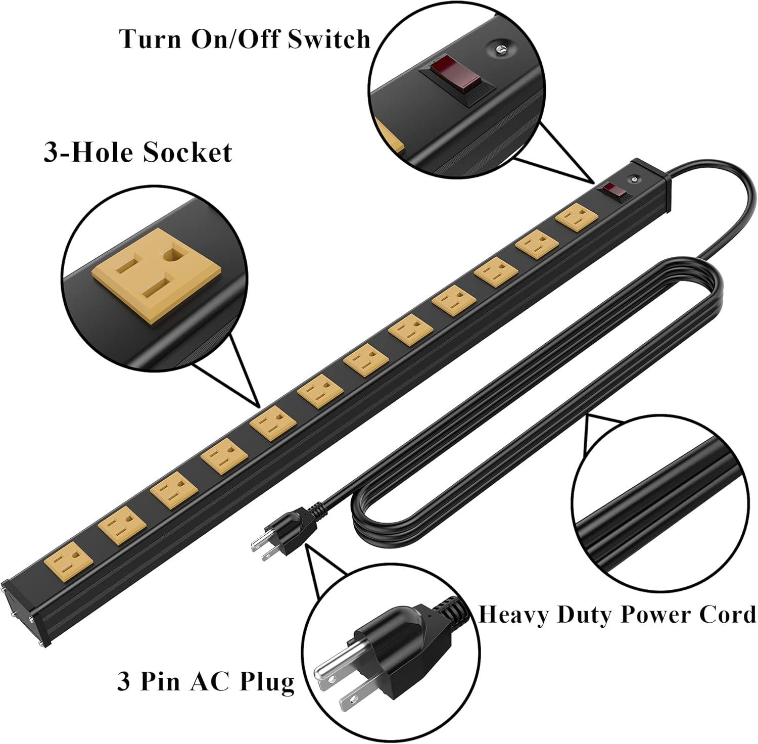 Oviitech 12 Outlets Heavy Duty Metal Socket Power Strip, 6-Foot Long Extension Cord with Circuit Breaker. Mounting Brackets Included,Workshop/Industrial use, ETL Certified，Yellow