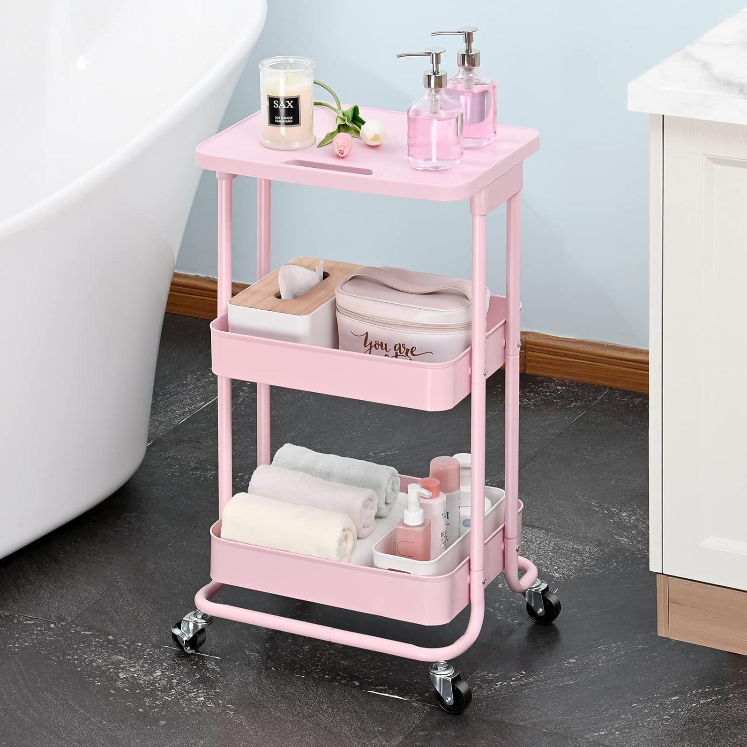 Pink 3-Tier Plastic and Metal Rolling Utility Cart