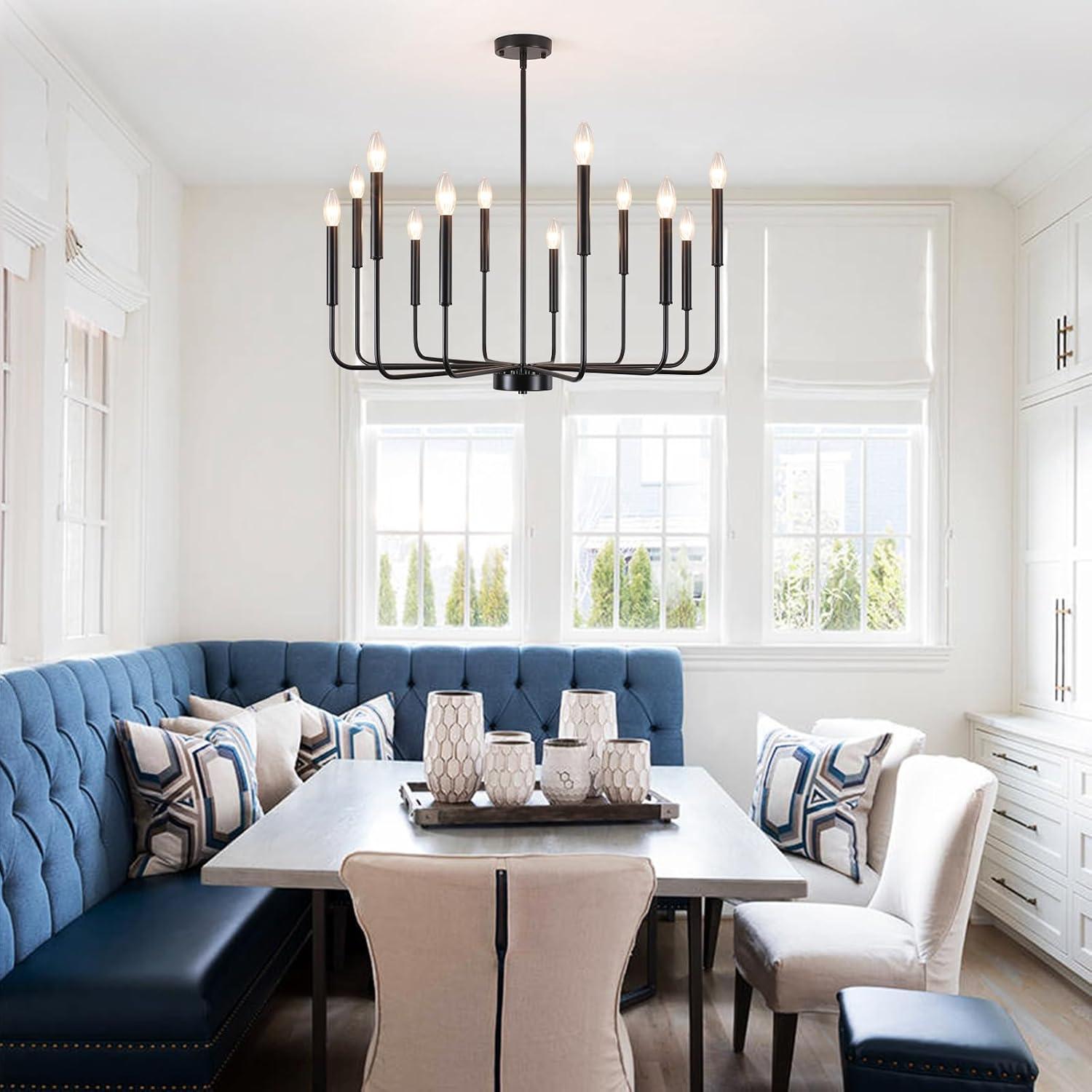 Vikaey Metal Black Chandelier, 12-Light Farmhouse Classic Candle Ceiling Hanging Light Fixture, Rustic Pendant Lighting for Kitchen Island, Dining Room, Living Room, Stair, UL Listed