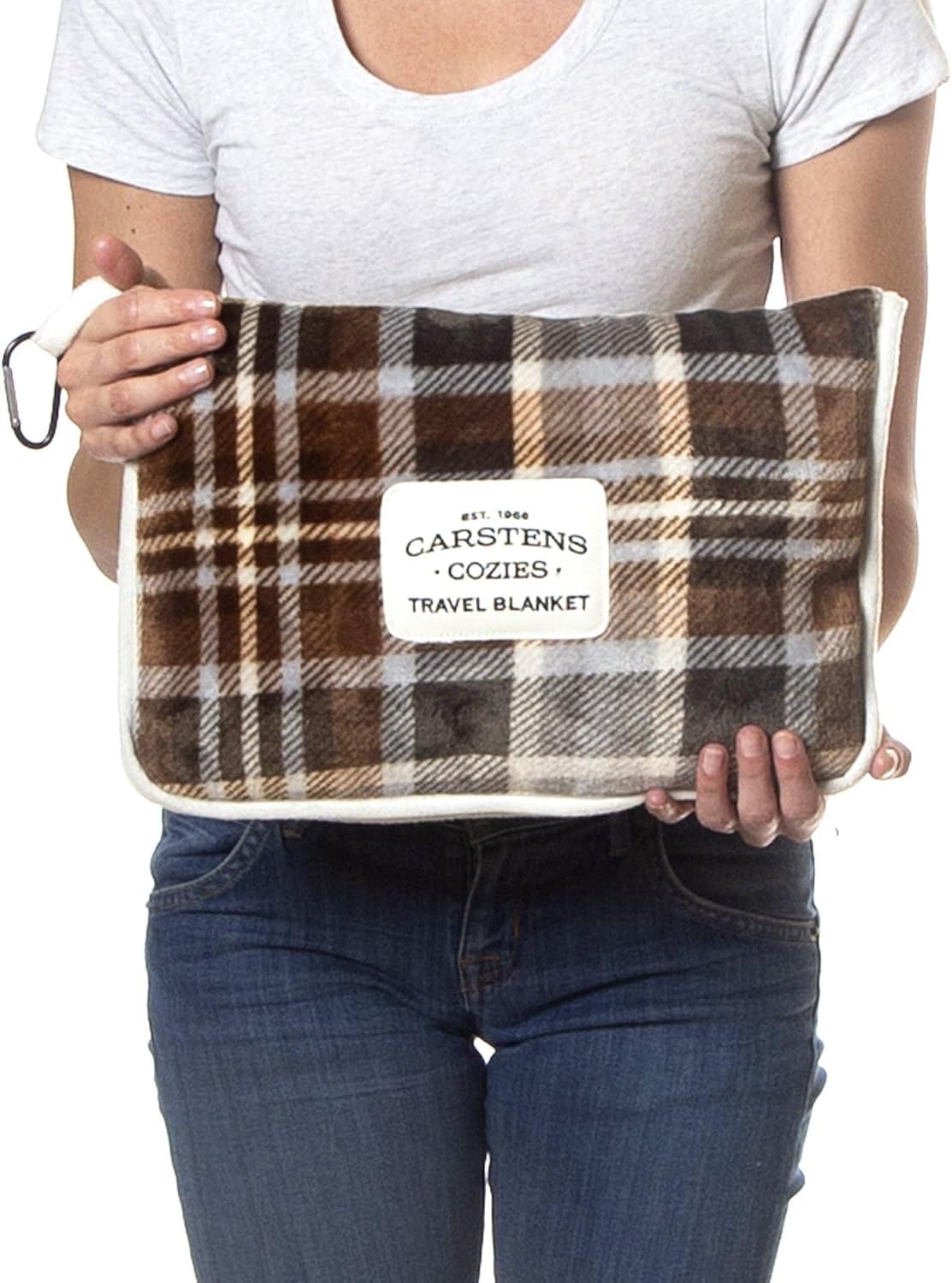 King Size Gray and Chestnut Plaid Fleece Travel Blanket