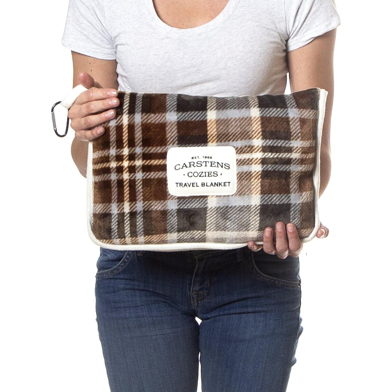 King Size Gray and Chestnut Plaid Fleece Travel Blanket