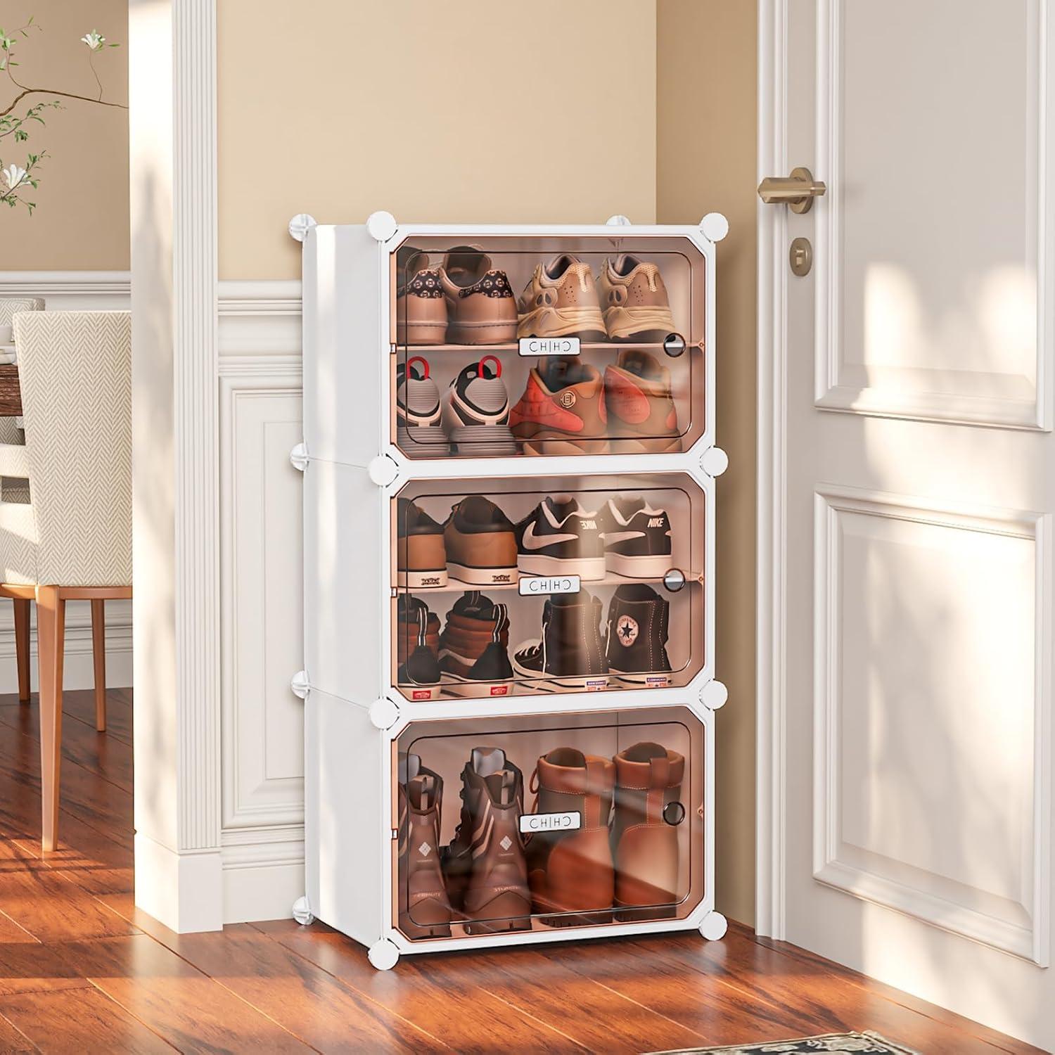 Shoe Rack, 8 Tier Shoe Storage Cabinet with Door, 32 Pair Shoe Organizer Shelves for Closet Hallway Bedroom Entryway, White