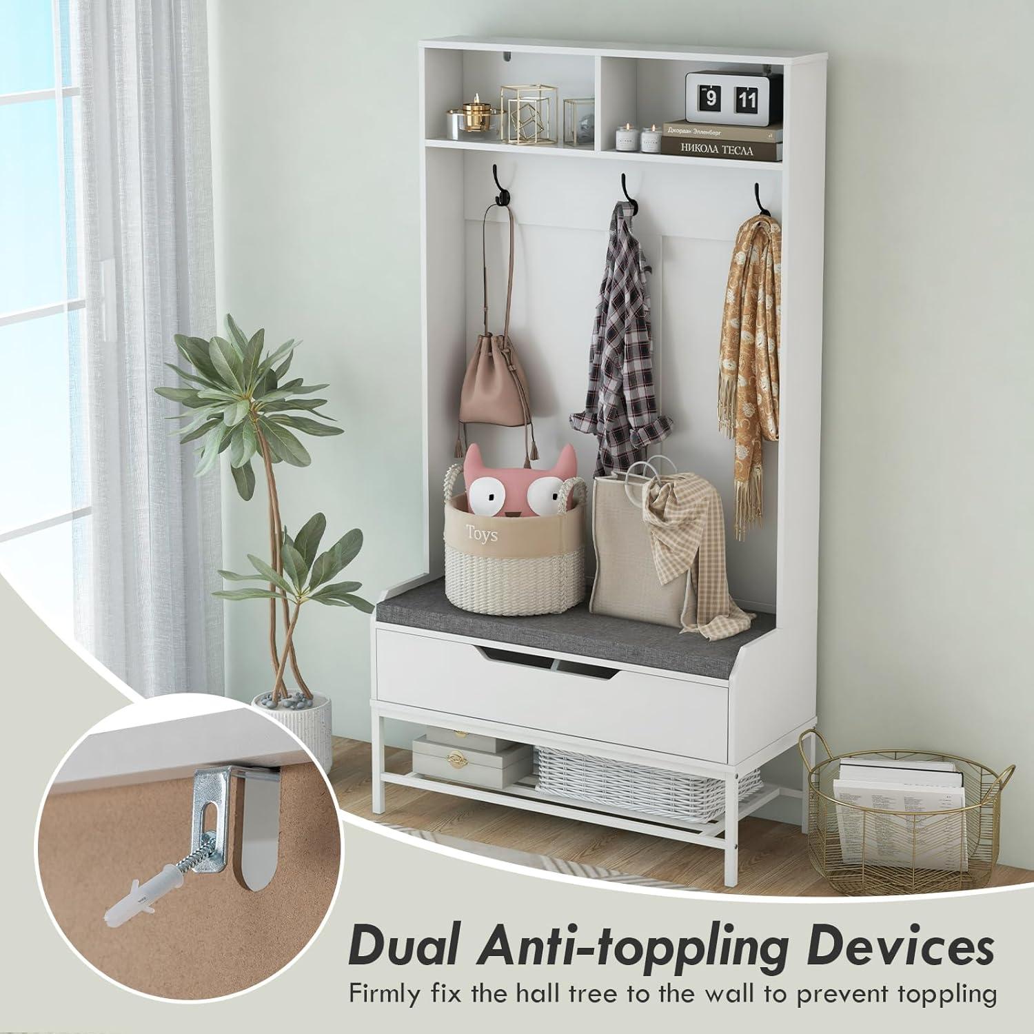 Kadyn Coat Hanger Organizer,Coat Rack, Hall Tree, 69 Inches Tall Hall Tree 4-in-1 Coat Rack with Seat Cushion and Shoe Storage-White