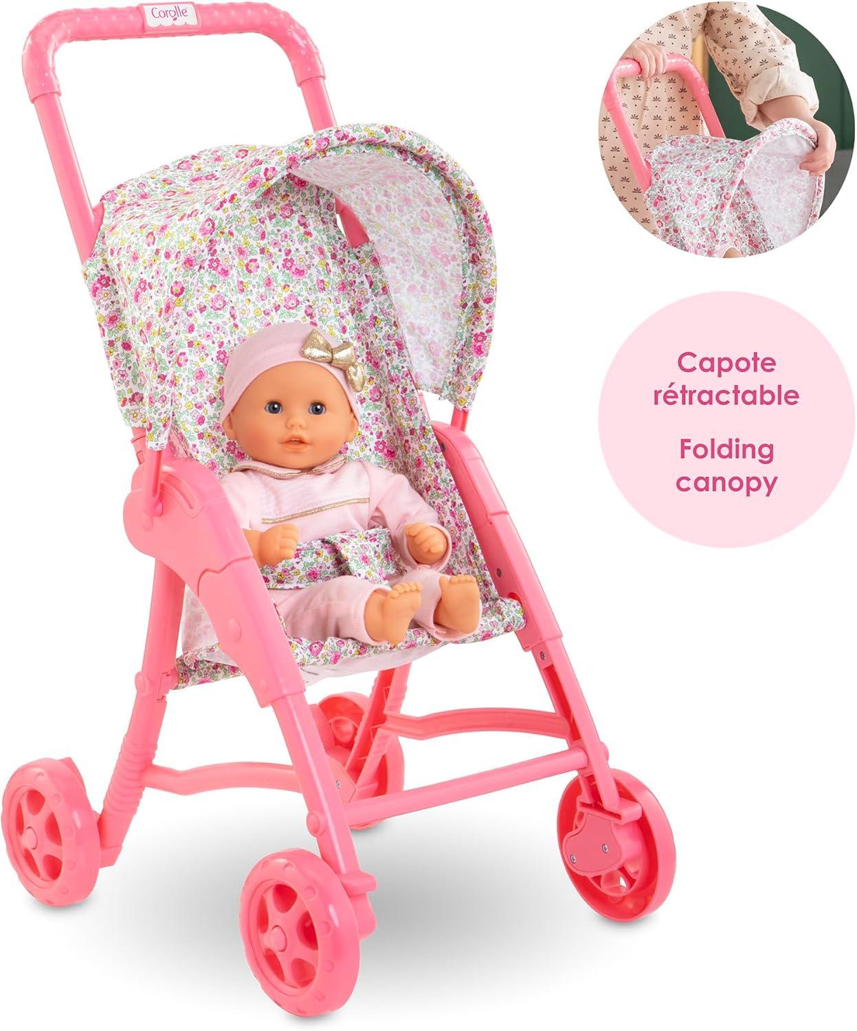 Corolle Baby Doll Stroller with Folding Canopy - Mon Premier Poupon Accessory Fits 12" Dolls, Pink/Floral Pattern, for Kids Ages 18 Months and up