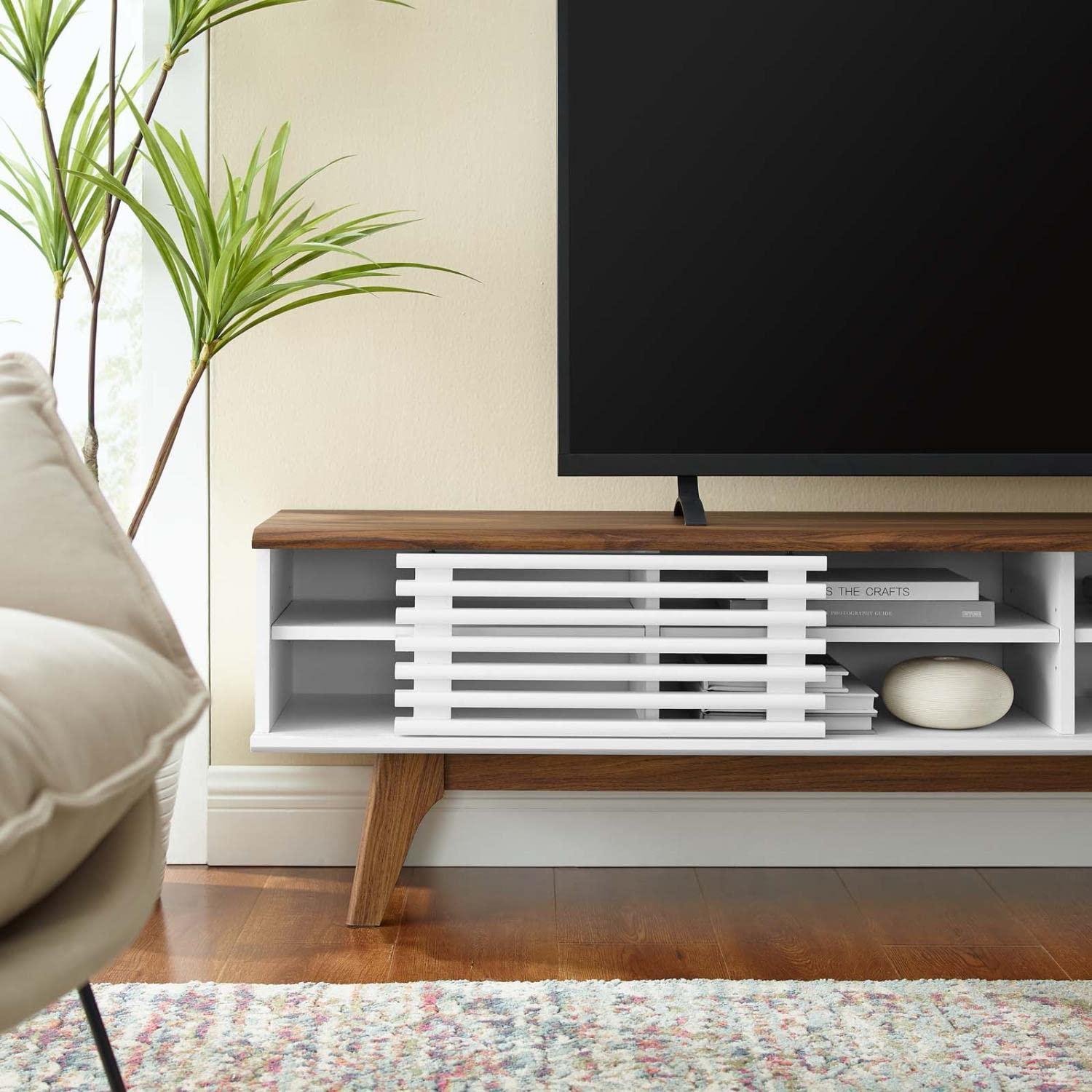Render Entertainment Center TV Stand for TVs up to 78" Walnut/White - Modway: Mid-Century Design, Media Storage, Cable Management