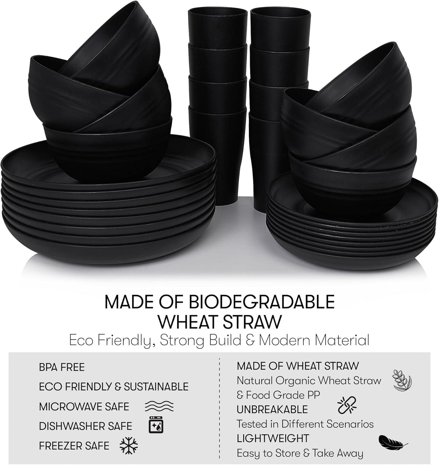 32 Pcs Wheat Straw Dinnerware Sets,Plastic Plates and Bowls Sets for 8,Unbreakable Dinnerware Set,Reusable Lightweight Black Dish Set for Kitchen,Camping,Party,RV,Dishwasher Microwave Safe