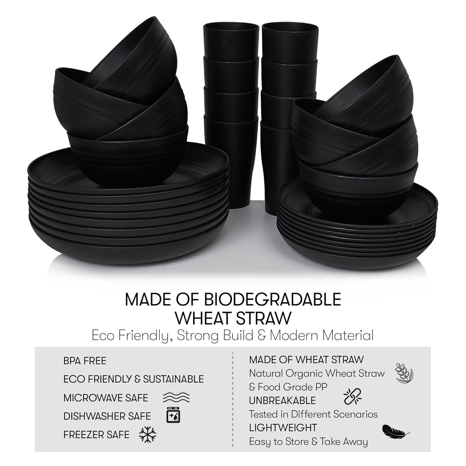 32 Pcs Wheat Straw Dinnerware Sets,Plastic Plates and Bowls Sets for 8,Unbreakable Dinnerware Set,Reusable Lightweight Black Dish Set for Kitchen,Camping,Party,RV,Dishwasher Microwave Safe