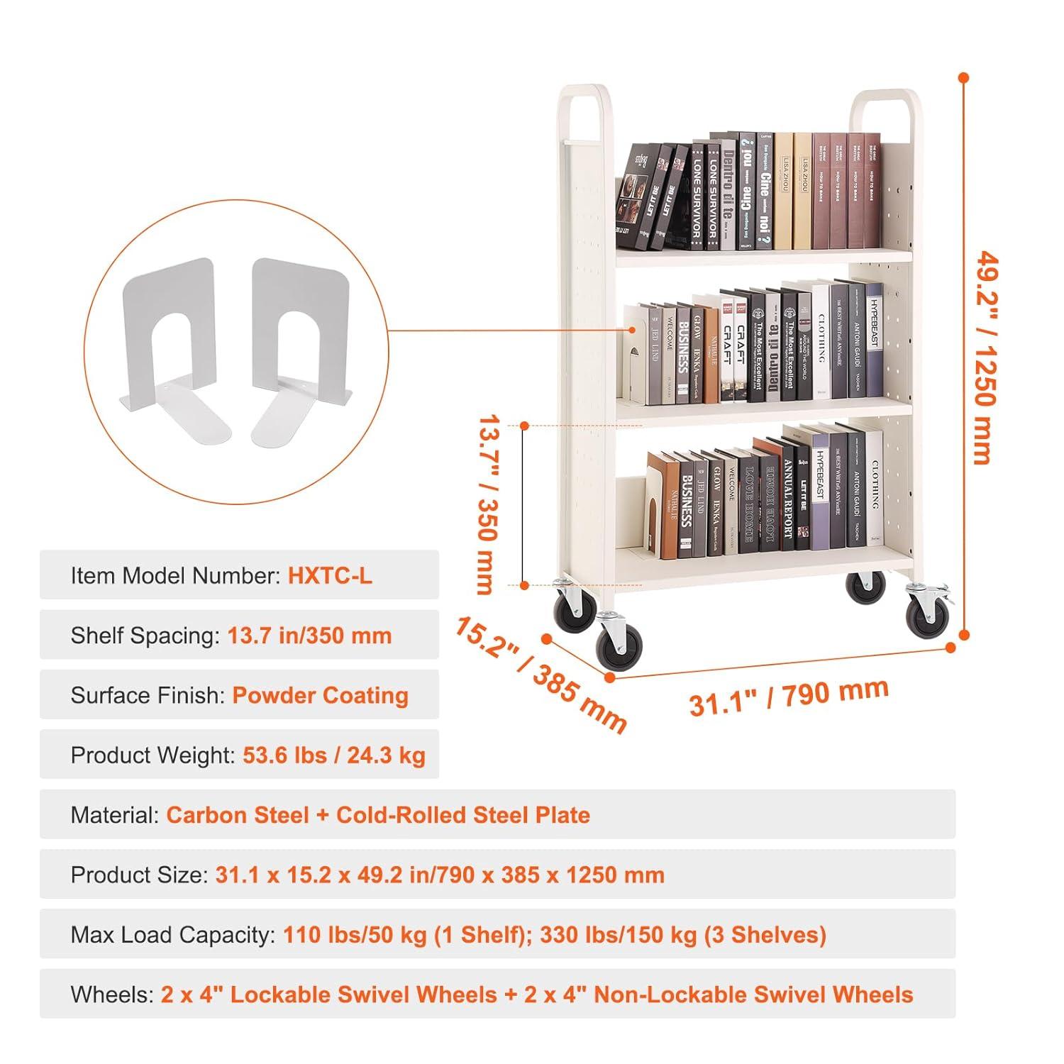 VEVOR 49.2'' H x 31.1'' W Book Cart with Wheels