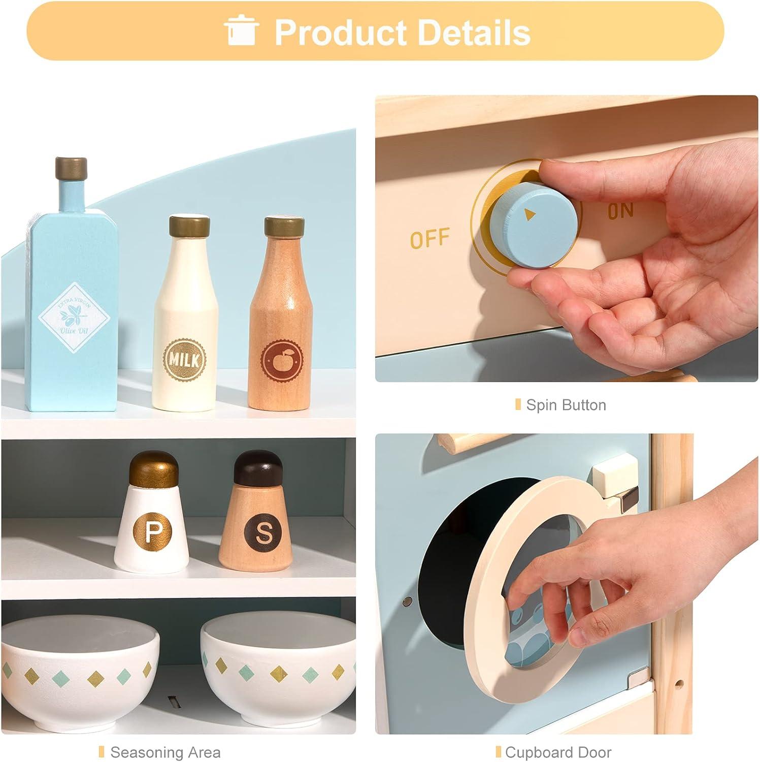 ROBUD Solid Wood Play Kitchen & Accessories Set, Preschool Kitchen Set, Kids Kitchen Playset