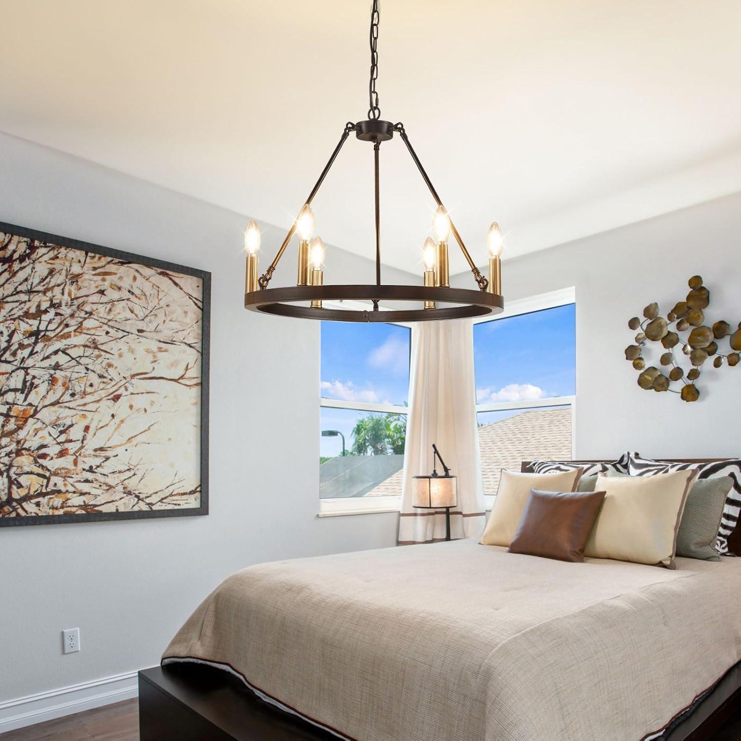 6-Light Black and Gold Chandelier, Farmhouse Wagon Wheel Chandelier, Round Chandeliers for Dining Room, Rustic Kitchen Island Iight Fixtures, Dining Room Light Fixtures Over Table