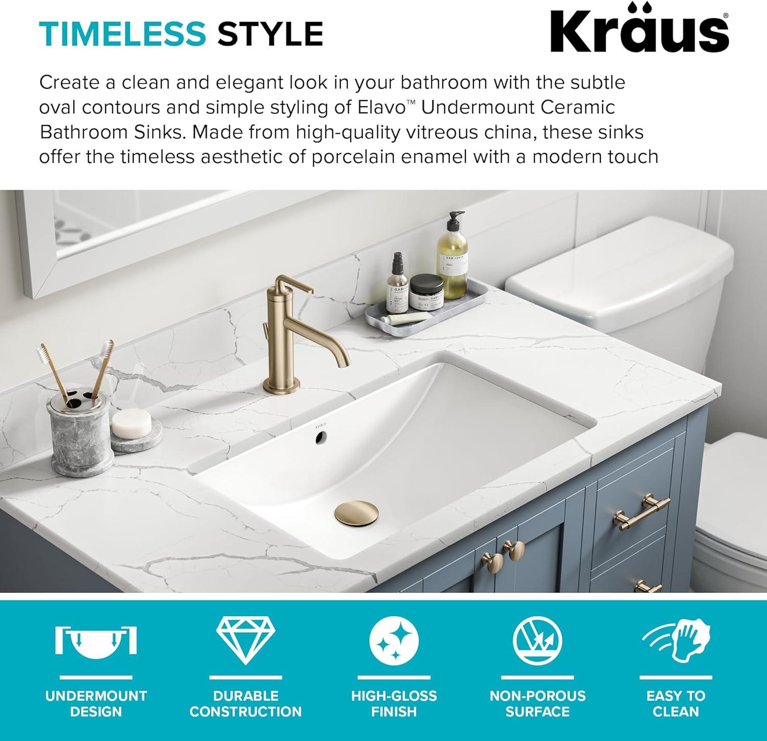KRAUS Elavo. Rectangular Porcelain Ceramic Undermount Bathroom Sink In White With Overflow Drain, KCU-243