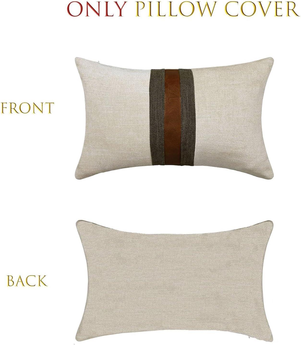 Beige and Brown Faux Leather Patchwork Pillow Covers, 12x20 Inch