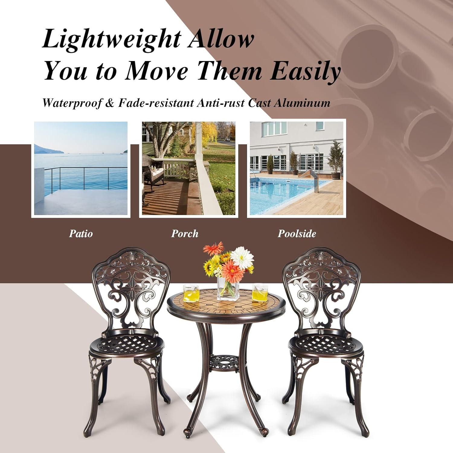 3PCS Patio Bistro Set Round Table Chairs All Weather Cast Aluminum