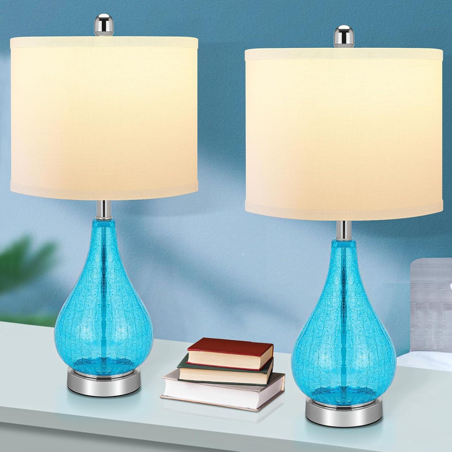 Glass Table Lamps Set of 2, Modern 23.5” Blue Cracked Glass Bedside Lamps, for Bedroom Living Room Home Office Desk Nightstand Table Lamp