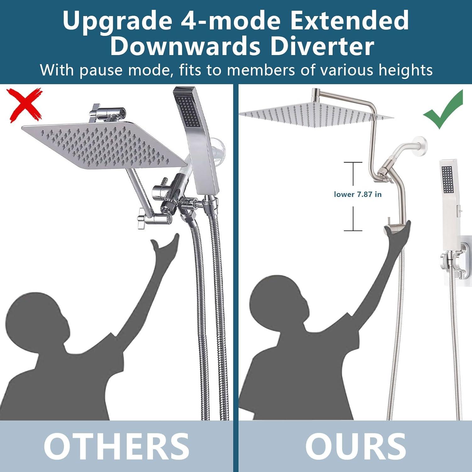 PDPBath All Metal 12'' Rainfall Shower Head with Handheld Combo, Upgrade 3-Way Diverter with Pause Setting, High Pressure Rain Shower Head with Z-shaped Extension Arm, 59" Hose, Brushed Nickel