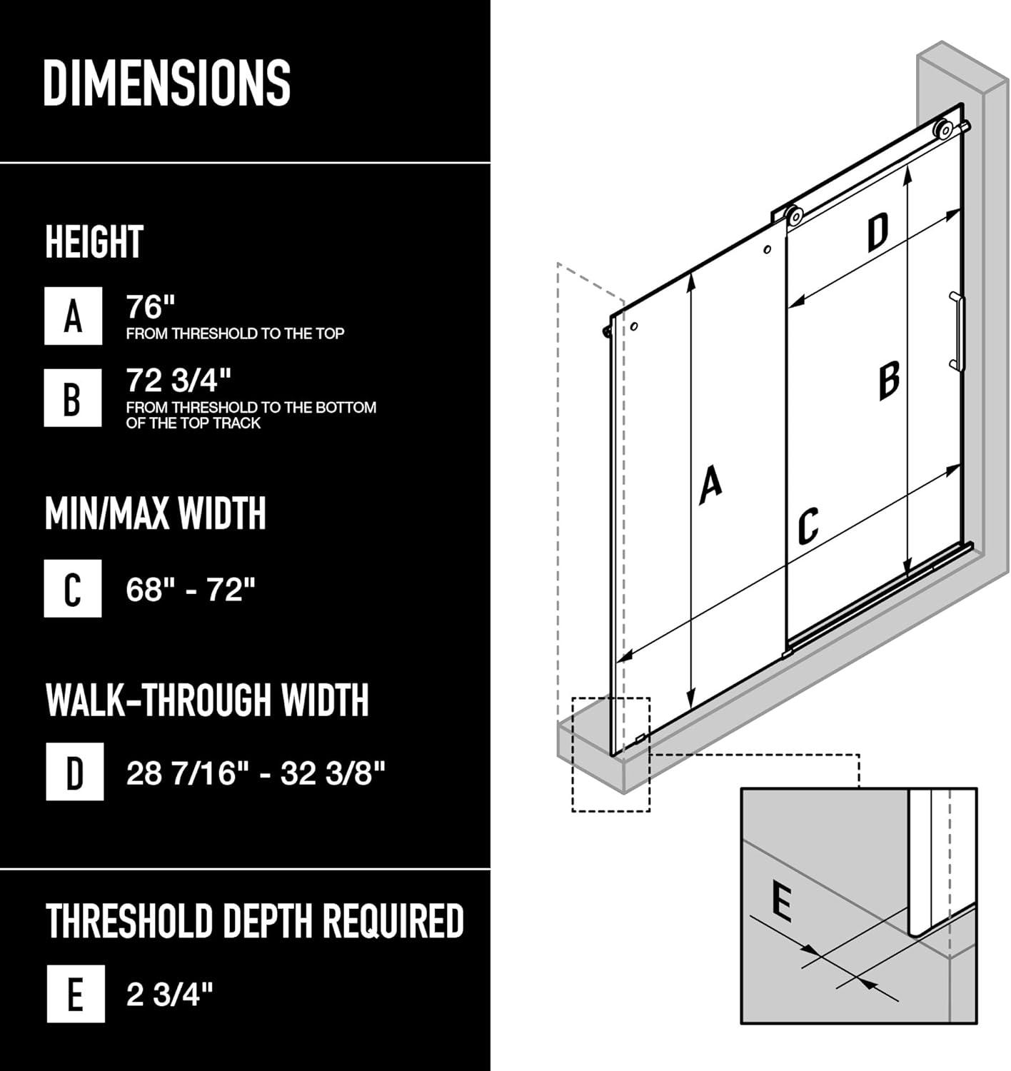Elan 68-72" W x 76" H Sliding Frameless Shower Door with 3/8" Clear Glass