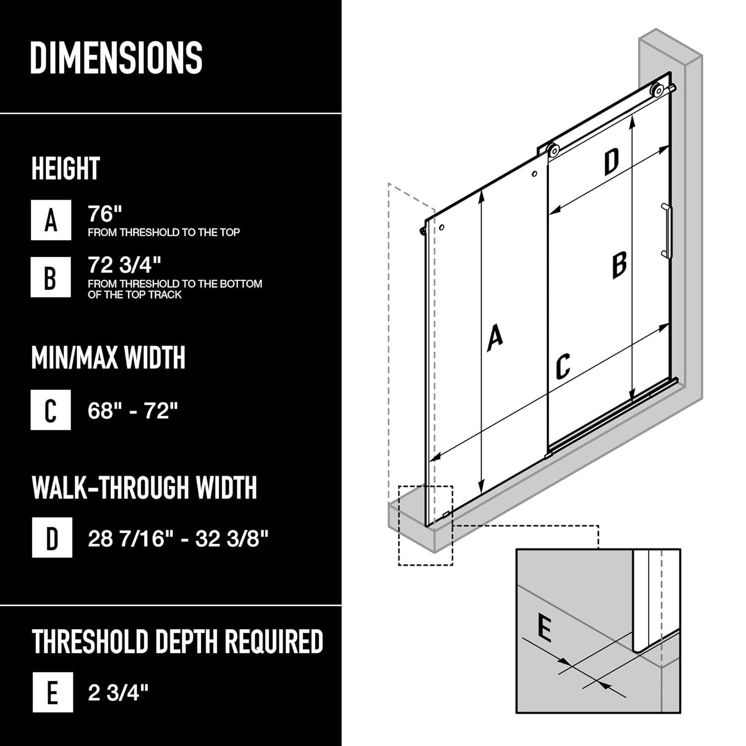 Elan 68-72" W x 76" H Sliding Frameless Shower Door with 3/8" Clear Glass