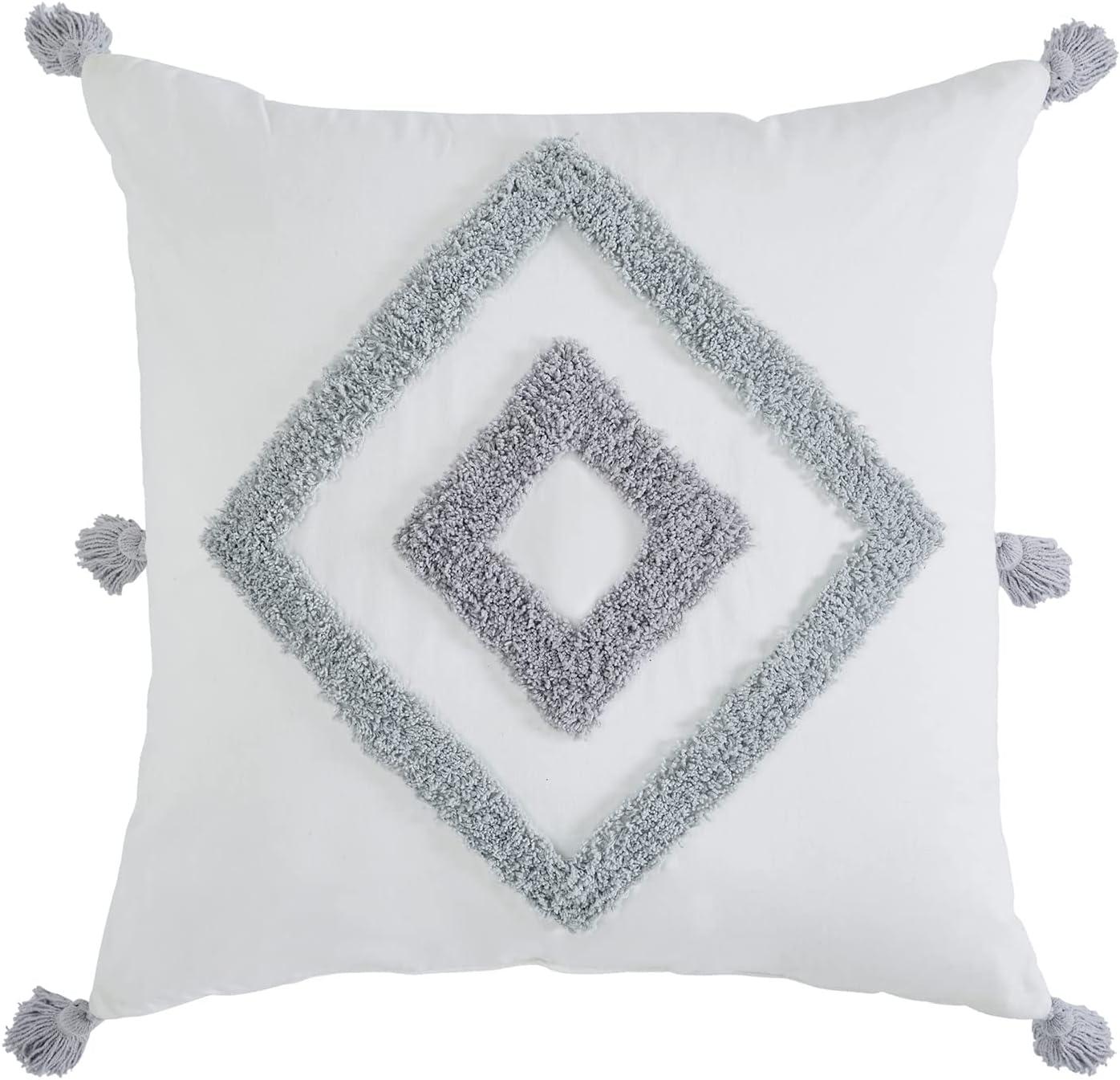 White and Gray Cotton Boho Diamond Tufted 20" Square Pillow