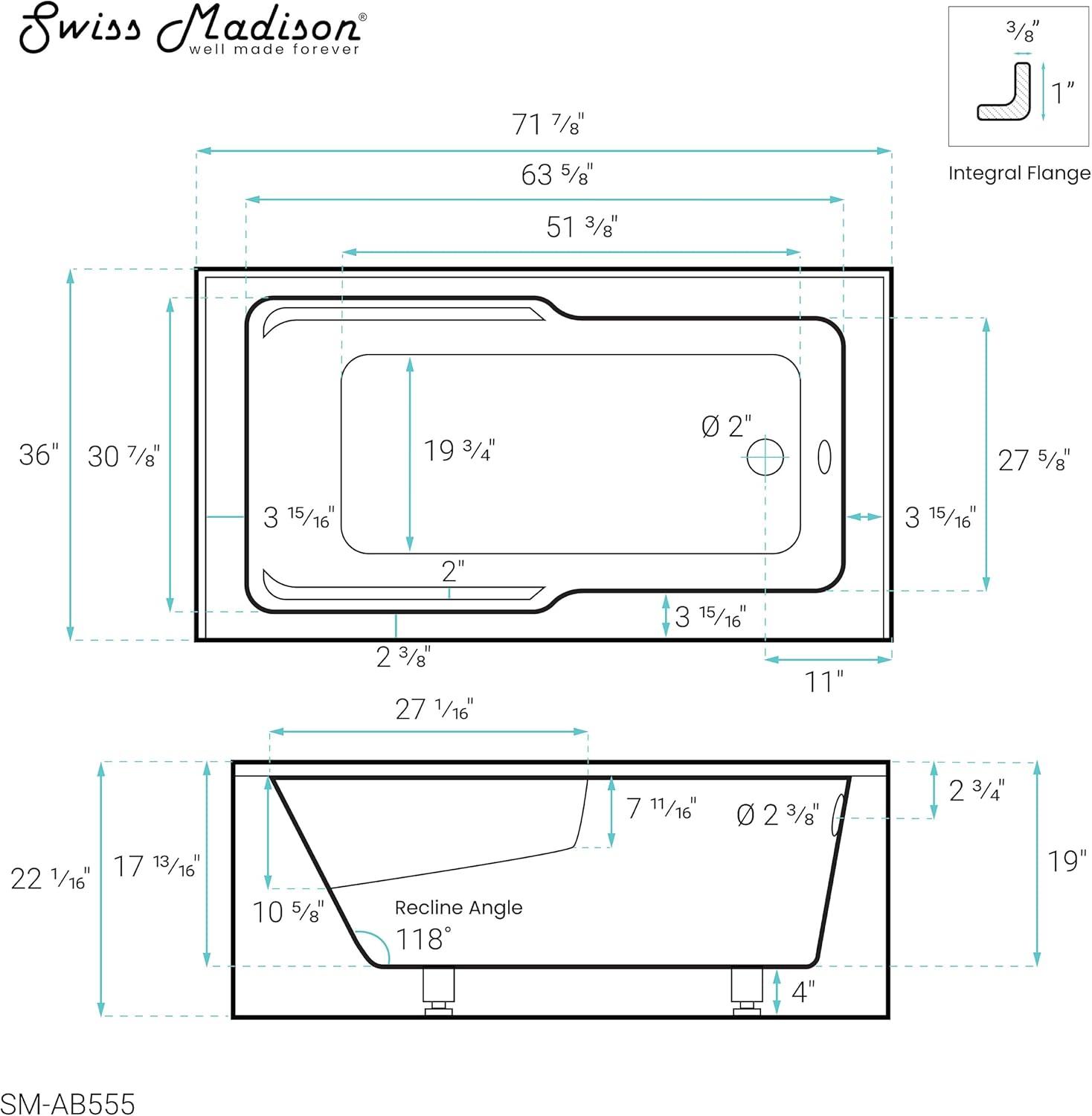 Voltaire 72" x 36" Alcove Bathtub with Apron and Armrest