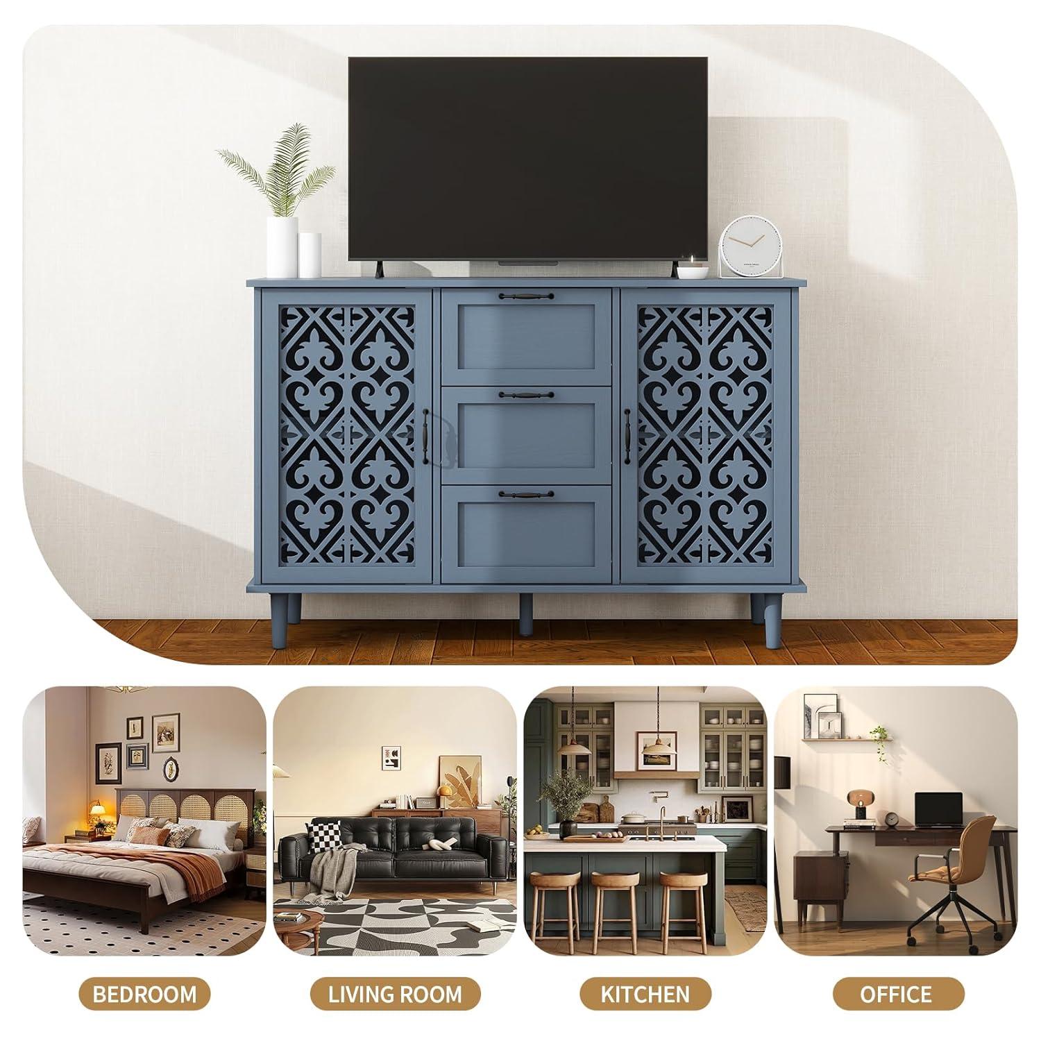 Sideboard Buffet Cabinet with Storage - Accent Storage Cabinet with Hollow Carved Pattern, Modern 2 Door 3 Drawer Cabinet, Farmhouse Wood Credenza for Living Room, Dining Room (Blue)