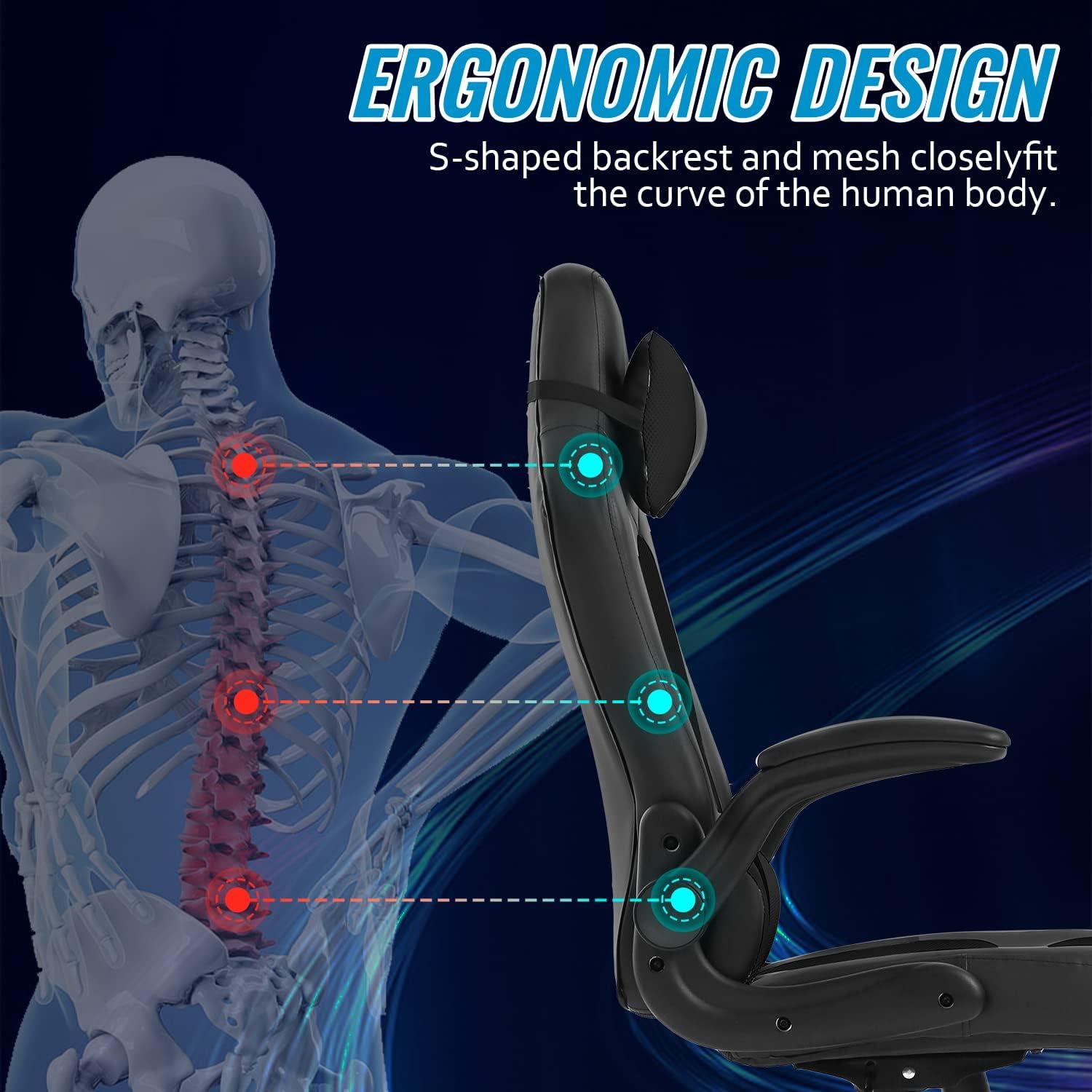 FDW PC Gaming Chair Ergonomic Office Chair Desk Chair with Lumbar Support Flip Up Arms Headrest PU Leather Executive High Back Computer Chair,Black