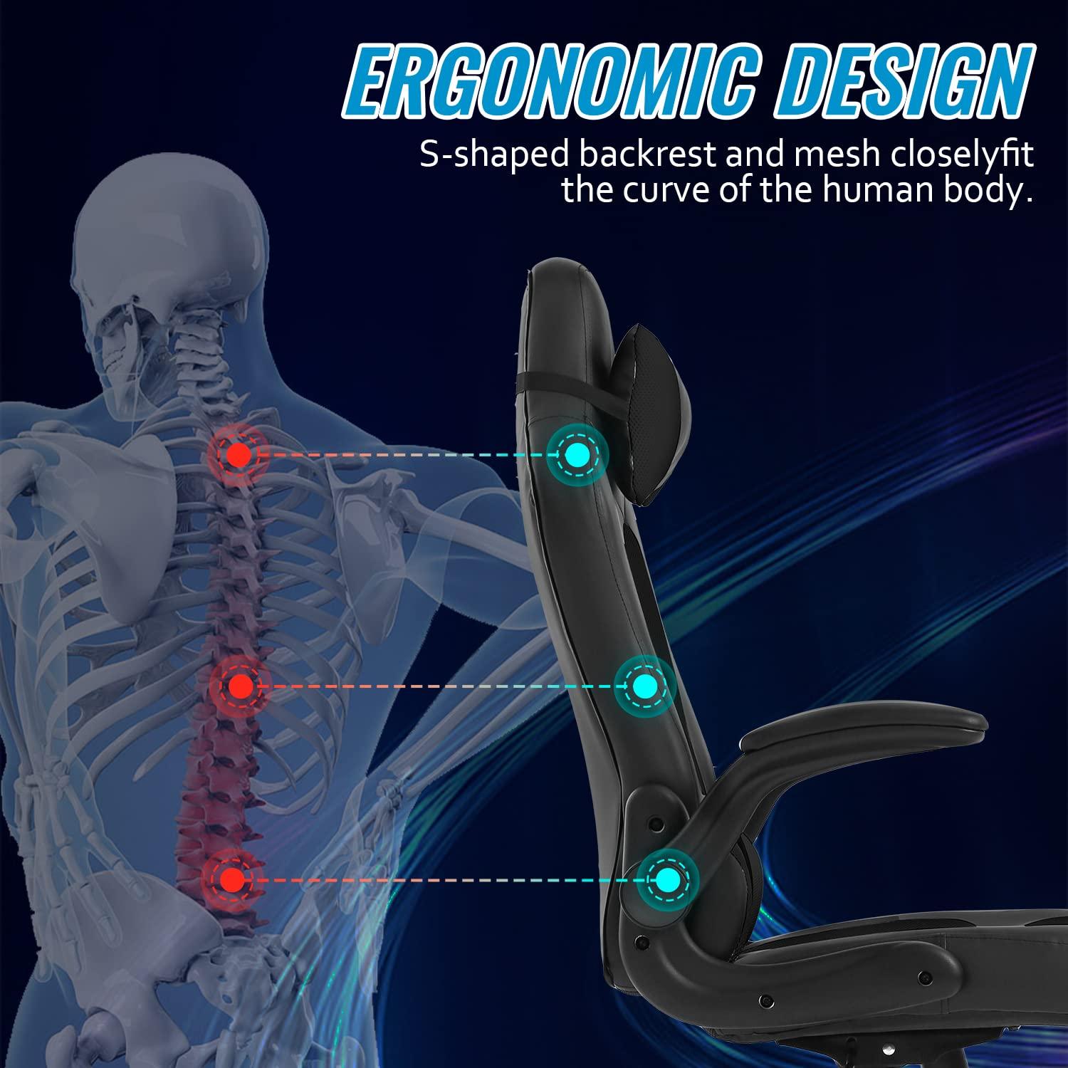 FDW PC Gaming Chair Office Chair Desk Chair with Lumbar Support Flip Up Arms Headrest, Black