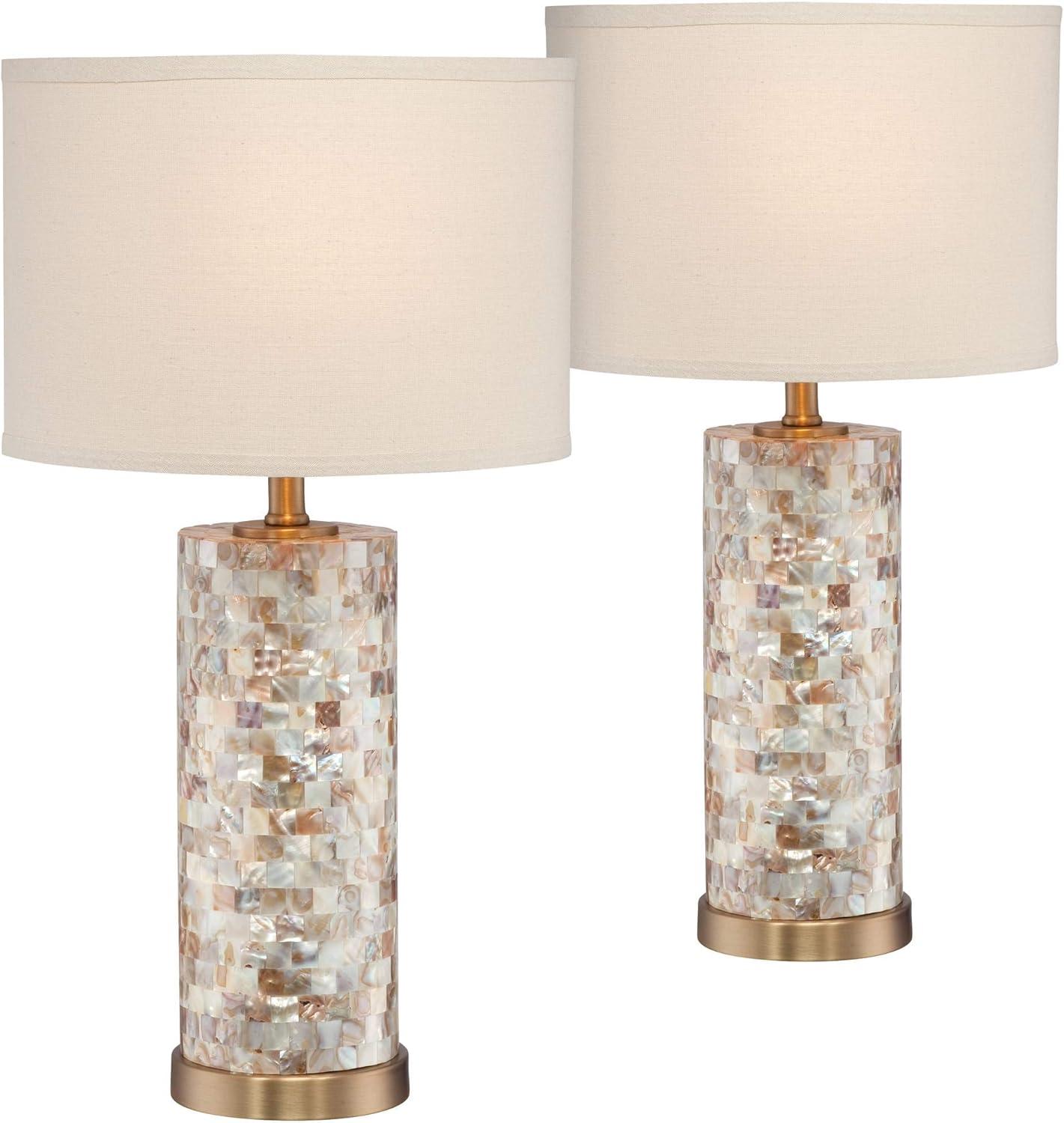 360 Lighting Margaret Coastal Accent Table Lamp 23" High Mother of Pearl Tile Cylinder Cream Linen Drum Shade for Bedroom Living Room Bedside Office