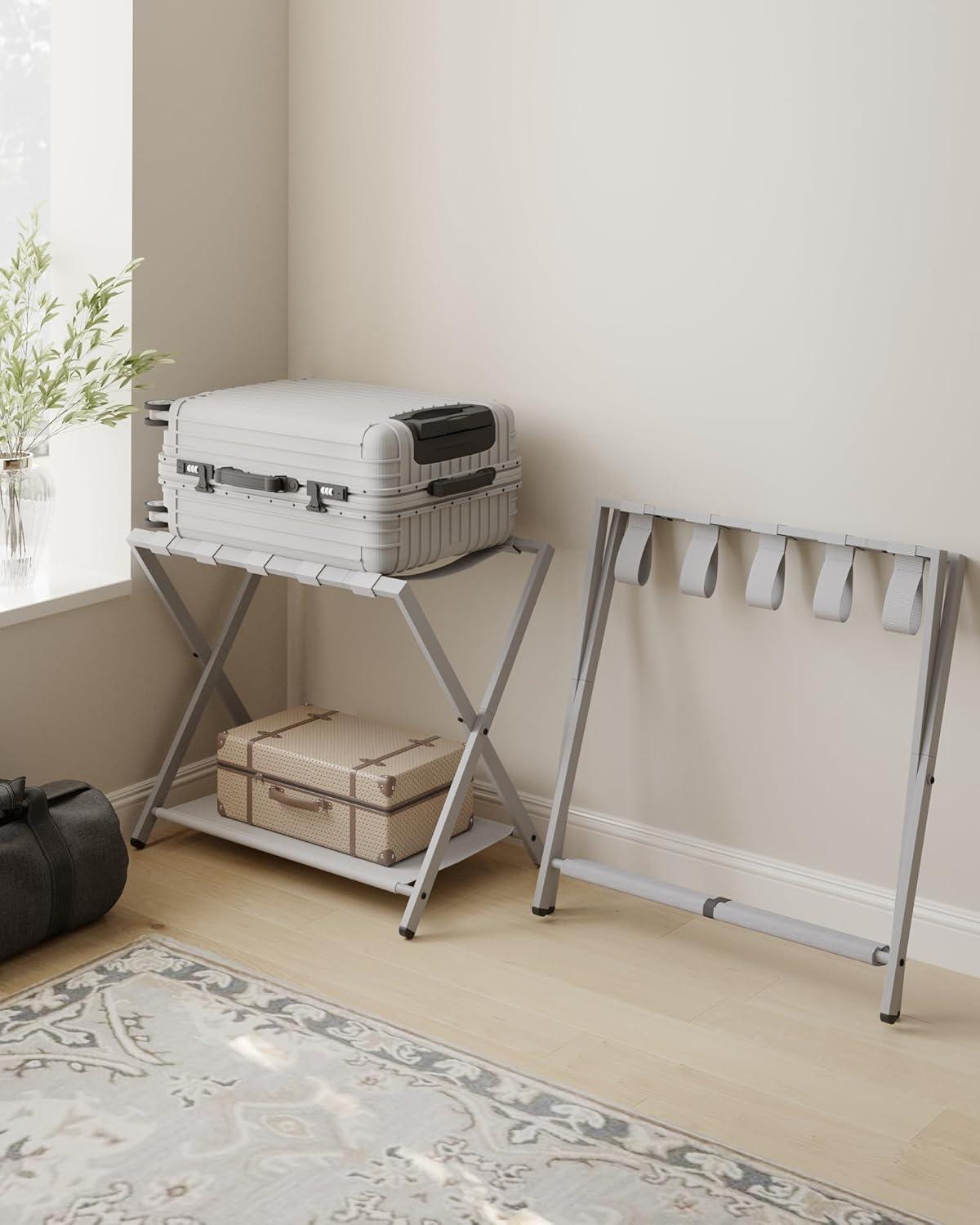 BINO Luggage Rack For Guest Room, Suitcase Stand With Storage Shelf, Steel Frame, Foldable For Easy Storage, Hotel, Bedroom, Black