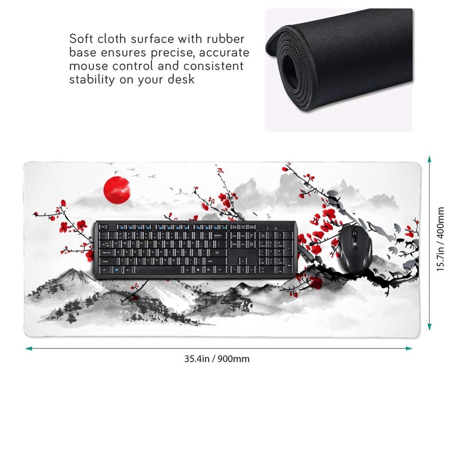 Extended Large Gaming Mouse Pad 35.4 X 15.7 Inch XXL Full Desk Japanese Art Style Cherry Blossom & Sakura Mousepad Non-Slip Rubber Base Big Keyboard Mat with Stitched Edges for Home Office