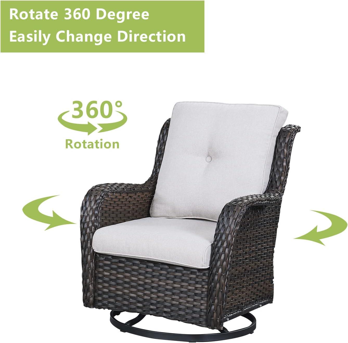 Brown Wicker and Beige Cushion Outdoor Swivel Rocking Chairs