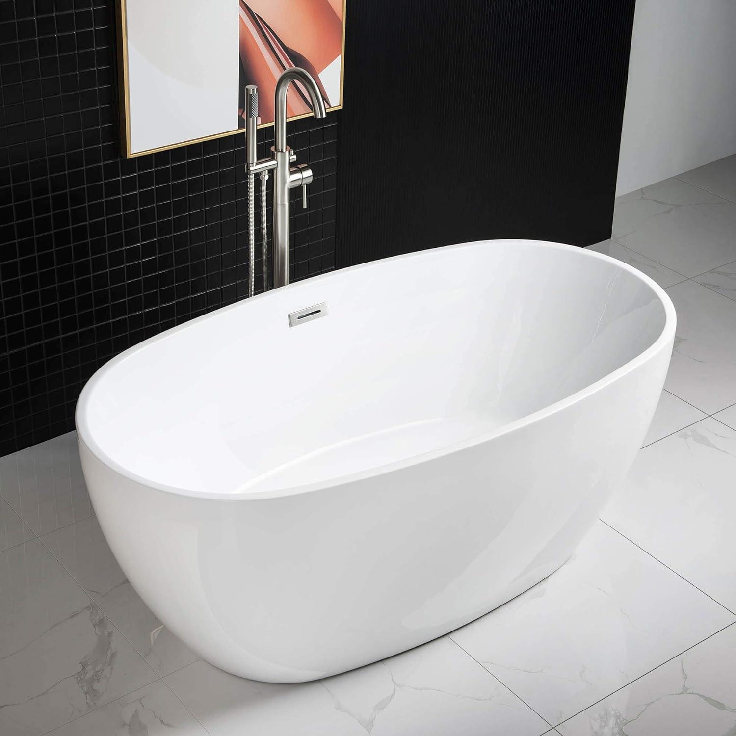 White Oval Acrylic Freestanding Bathtub with Brushed Nickel Overflow