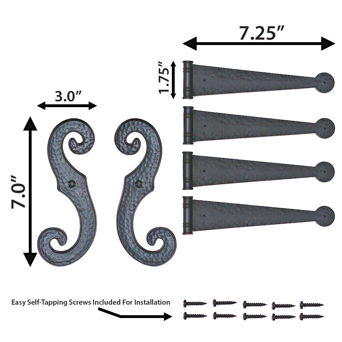 Decorative Vinyl Shutter Hinges and S Holdback Hooks for Exterior Decorative Shutters, Black (Set)