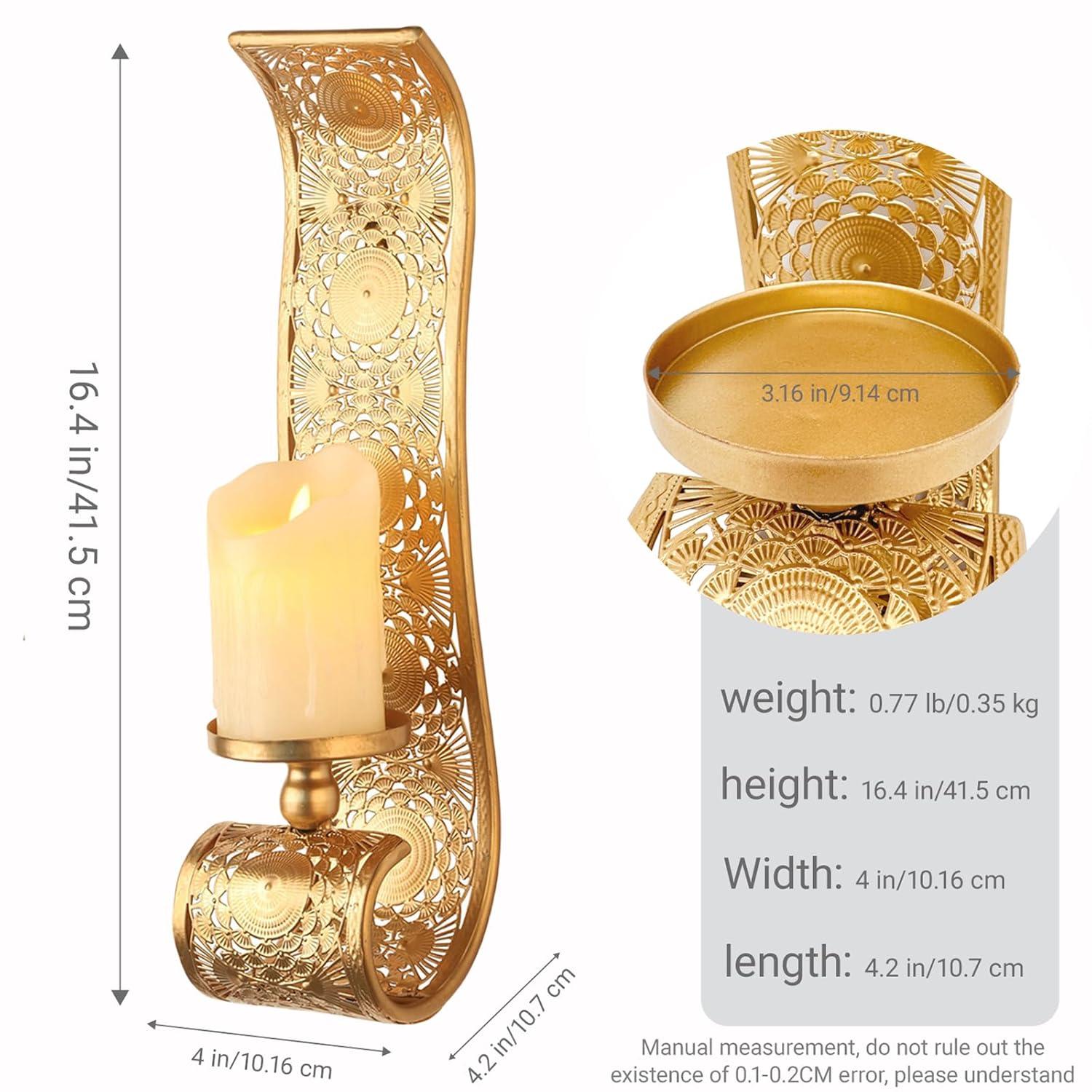 Wall Candle Sconce Set of 2,Gold Metal Wall Mount Candle Holder，Spanish Baroque Hollow Carving Wall-Mounting Sconces for Living Room, Bathroom, Dining Areas,Hallways Decorations