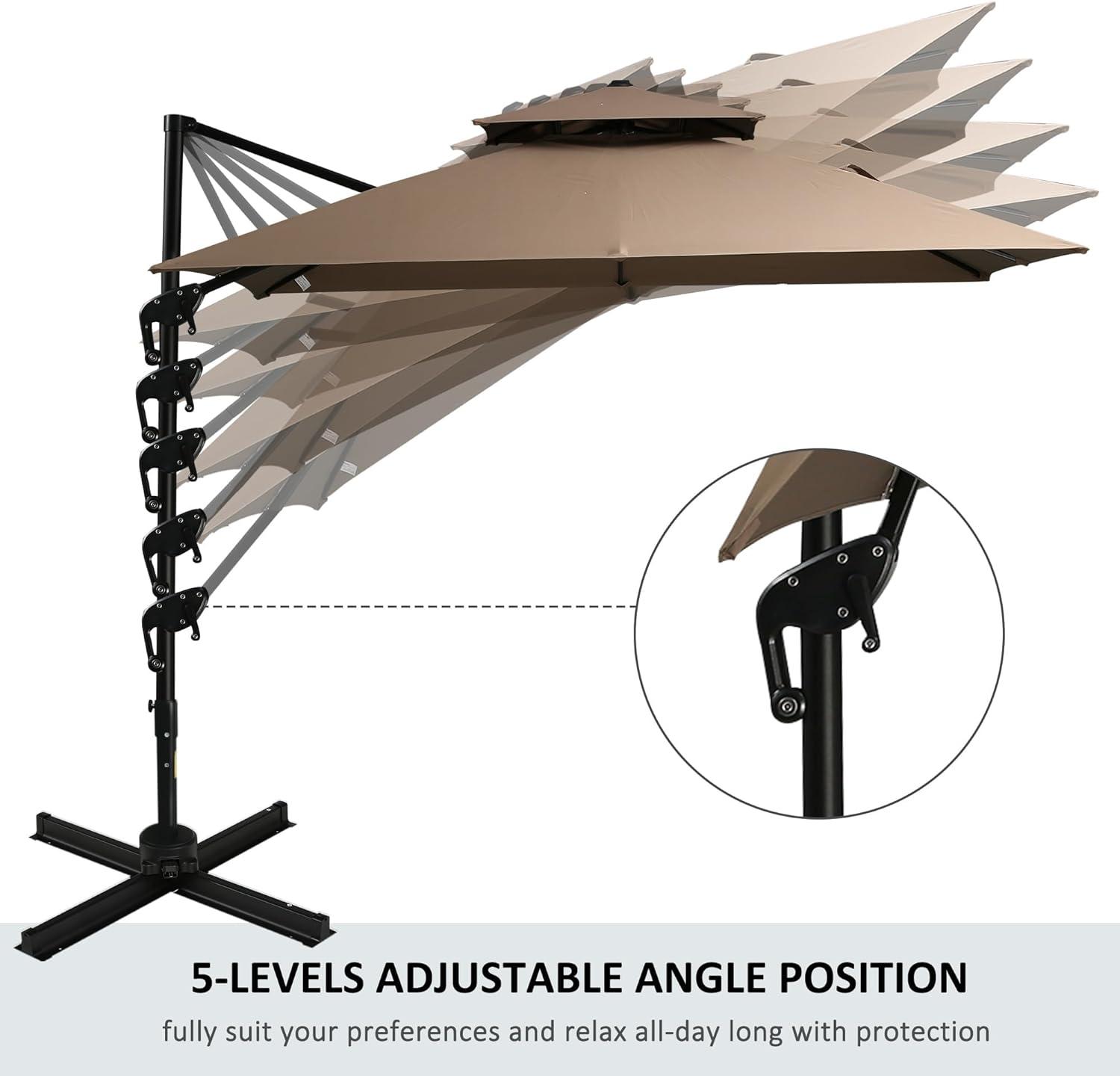 Outsunny 10ft Offset Patio Umbrella with Base, Double Top Hanging Aluminum Cantilever Umbrella with 360-degree Rotation, Easy Tilt, 8 Ribs, Crank, Cross Base, Cover, Strap