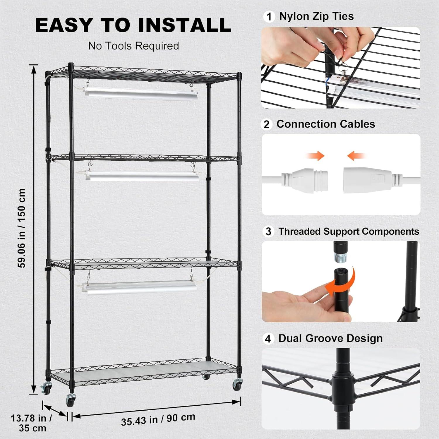 Black Metal 4-Tier Plant Stand with Adjustable Grow Lights