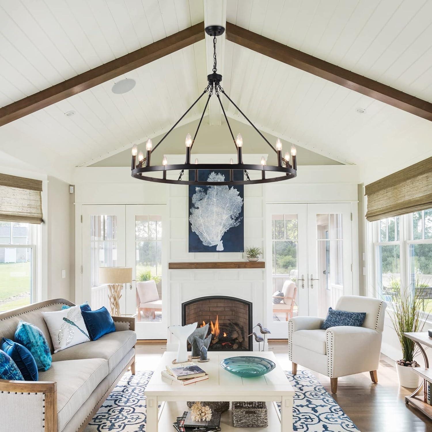12-Light Black Farmhouse Candle Design Circle Iron Wagon Wheel Chandelier for Dining Room with No Bulbs Included